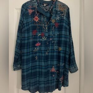 EUC Johnny Was blue plaid long sleeve embroidered dress